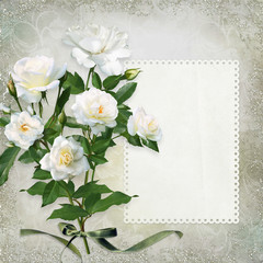 Obraz na płótnie Canvas White roses with card for text or photo on a beautiful vintage background