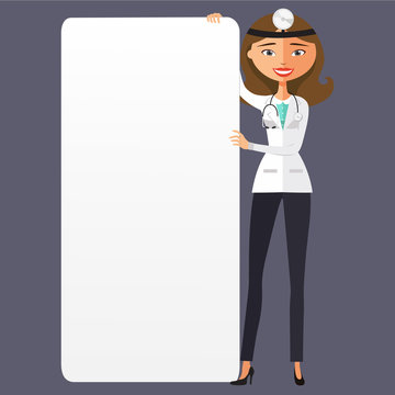 Woman doctor with a blank presentation flat cartoon vector illustration