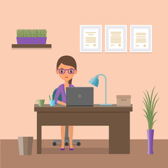 Business woman sitting at desk. Flat people icon. Design workspace or home workplace with cartoon animated female character. Office interior and furniture. Vector illustration.