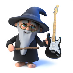 Obraz premium 3d Funny cartoon wizard magician character holds an electric guitar