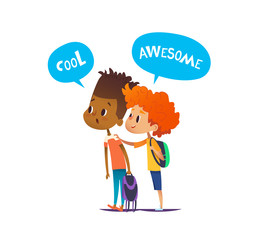 Two multiracial boys with backpacks stand amazed and surprised. Pair of school friends look in astonishment in one direction. Vector illustration for banner, website, advertisement, poster, postcard