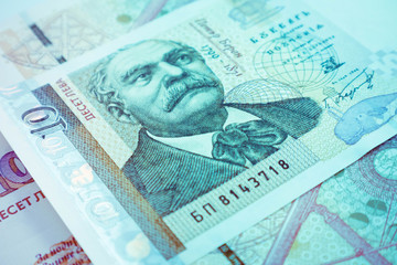 Fototapeta premium Photo depicts the Bulgarian currency banknote, BGN. Denomination, 10 leva, depicts a portraiture of Petar Beron, astronomer. Close up, macro view.