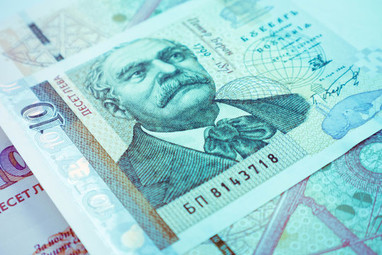 Photo depicts the Bulgarian currency banknote, BGN. Denomination, 10 leva, depicts a portraiture of Petar Beron, astronomer. Close up, macro view.