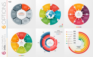 Collection of 6 vector circle chart templates 6 options. - obrazy, fototapety, plakaty