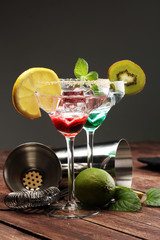 Colorful cocktails on the bar table in restaurant.