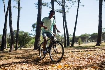 Fototapeta premium Man with headphones riding bicycle in the park