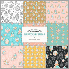 Merry Christmas and Happy New Year. Abstract line geometric and ornamental seamless patterns. Vector design templates. Collection for paper, wrapper, textile.