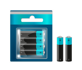 a pack of batteries  black blue  glossy alkaline batteries in black-gray blister packed for branding. And two batteries Isolated on White Background
