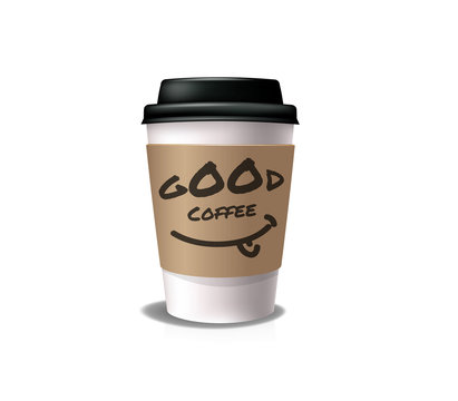  Good coffee for take-out. White paper cup with black cap and cup holder
