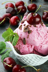 Homemade cherry ice cream on table with fresh cherries