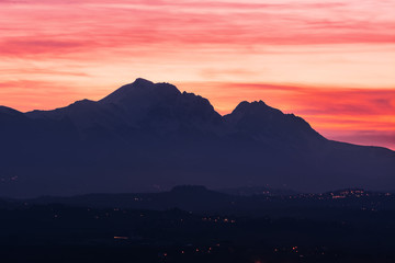 Silhouette of the Gran Sasso in Abruzzo at sunset resembling the profile of the Sleeping Beauty
