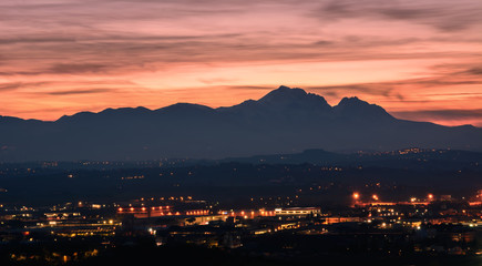 Silhouette of the Gran Sasso in Abruzzo at sunset resembling the profile of the Sleeping Beauty