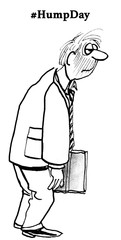 Business cartoon illustration showing a bedraggled, tired, businessman, '#HumpDay'.