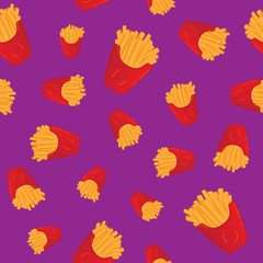 Hand drawn french fries fast food seamless pattern. Cartoon vector illustration. Can be used for printing on textile, pattern fills, web page background, textures or gift wrap and wallpapers