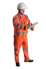 Man in orange coveralls and safety helmet making notes, isolated