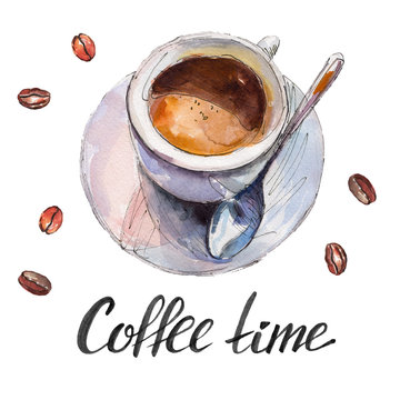 The coffee cup with beans and lettering "Coffee time" isolated on white background, watercolor illustration in hand-drawn style.