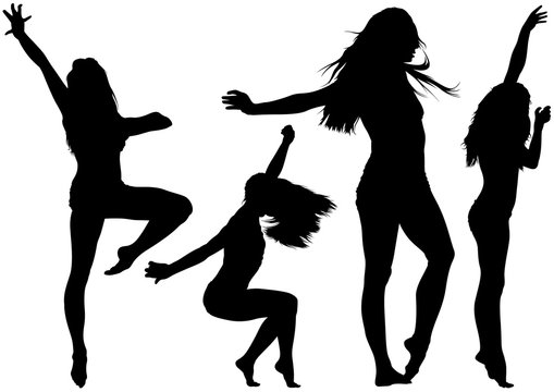 Silhouetted Dancing Young Woman in Various Poses - Set of Black Illustrations, Vector