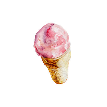 The pink ice cream in wafer cone isolated on white background, watercolor illustration in hand-drawn style.