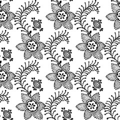 Traditional seamless block printed ornament, handmade Russian motif with black flowers on white  background. Textile design.