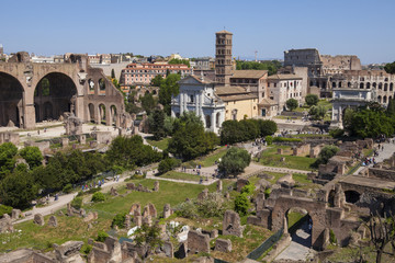 Fototapeta na wymiar Panorama of the Roman Forum. View from the hill Palatine.