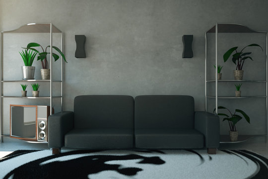 Concrete room with dark sofa