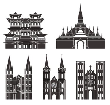 Southeast Asia. Isolated Asian buildings on white background