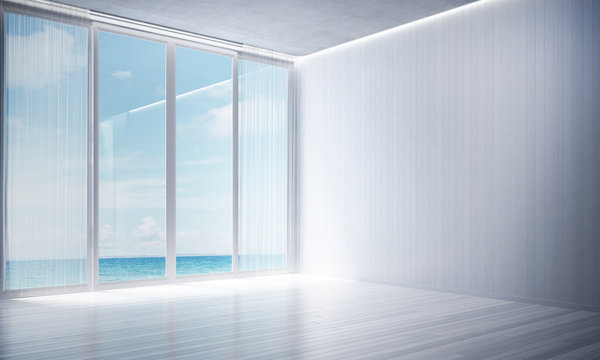 The interior design of empty white room and living room area and sea view