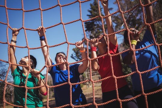 Group of fit woman climbing a net during course 