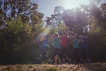 Group of fit women carrying a heavy wooden log  - Powered by Adobe