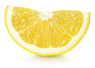 Ripe wedge of yellow lemon citrus fruit isolated on white background with clipping path
