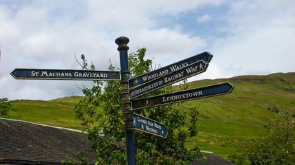 Metal signpost at Clachan of Campsie, near Lennoxtown and the Campsie Fells.