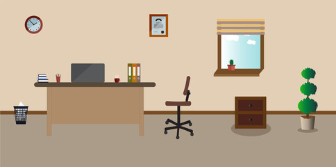 Working place in the office on the light pink background. Vector illustration. Table, clock, chair. plant. cactus. Perfect for advertising, brand sites and magazines 
