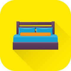 Double bed icon. Vector. Flat design with long shadow. Bed symbol isolated on yellow background. Furniture for bedroom.