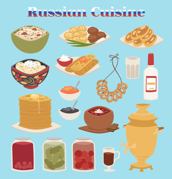 Traditional Russian cuisine culture dish course food welcome to Russia gourmet national meal vector illustration