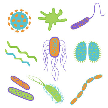 Flat cartoon design germs and bacteria icons  on white background.