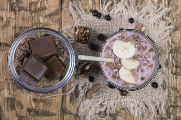 Top view of a bowl of chocolate and smoothies.