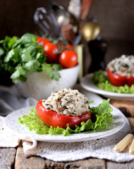 Lenten pepper stuffed with onions and mushrooms baked in the oven.