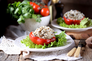 Lenten pepper stuffed with onions and mushrooms baked in the oven.