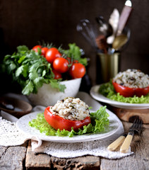 Lenten pepper stuffed with onions and mushrooms baked in the oven.