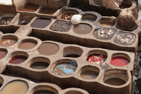 The famous Chouara Tannery in the medina of Fez. The leather tannery dates back to the 11th century AD. The medina is the oldest walled part of Fez.