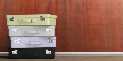 Travel suitcases stack - stucco wall background. 3d illustration