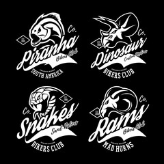 Vintage American furious piranha, dinosaur, snake, ram bikers gang club tee print vector design set. Premium quality wild animal superior logo concept illustration.