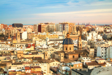Fototapeta na wymiar VALENCIA, SPAIN - JANUARY 31, 2016: Evening panoramic view of Valencia from a tower of Valencia cathedral, Spain.