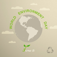Vector greeting poster of World Environment Day with globe silhouette, clouds and text on the gradient brown background with line pattern.