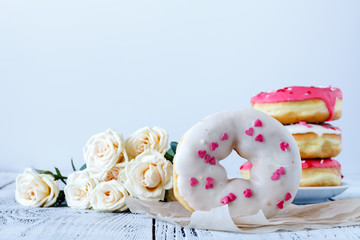 Lovely morning surprise donut and coffee and rose