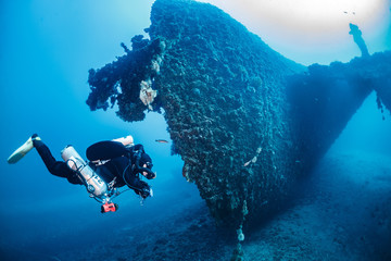 Diving on the wreck  Vissilios T Island VIS Croatia - obrazy, fototapety, plakaty