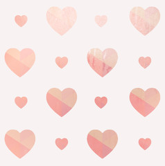 Fototapeta na wymiar Rosegold hearts pattern, sparkling gemstones isolated in white background, seamless repeating shapes, perfect for Valentine's Day wallpaper.