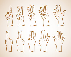 Set of numbers on the hands illustration . just outlines