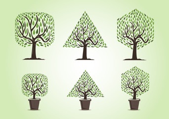 Set of tree with two types of trees : garden trees and decorative trees , rounded square tree, triangle tree, hexagon tree with green leaves and dark brown branches.