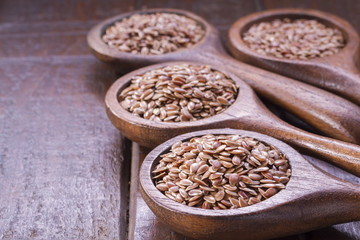 Flax seeds in wooden bowl and spoon
